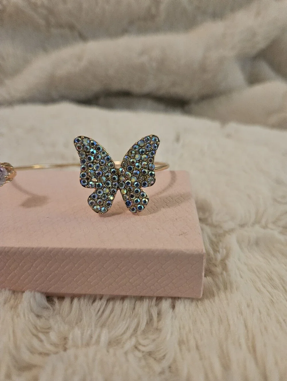 Gold Butterfly Crystal Open Cuff Bracelet - Multi-Color Crystal Accent